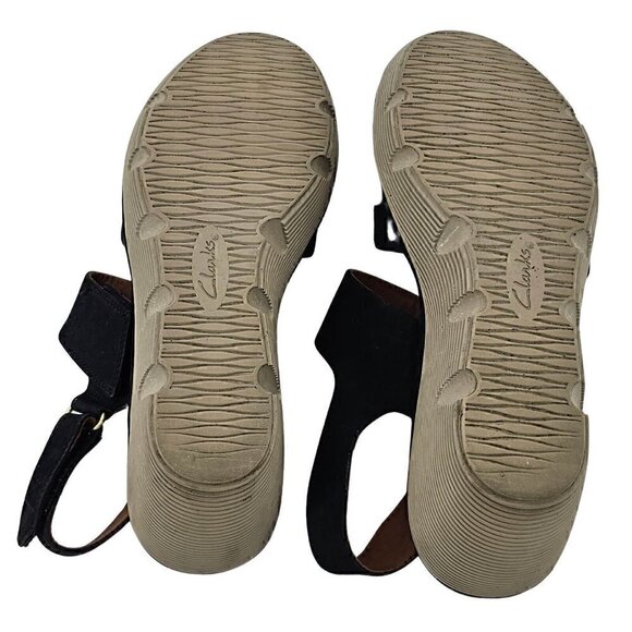 CLARKS Black Suede Hook and Loop Open Toe Sling Back Wedge Platform Sandals 9M - Picture 6 of 9